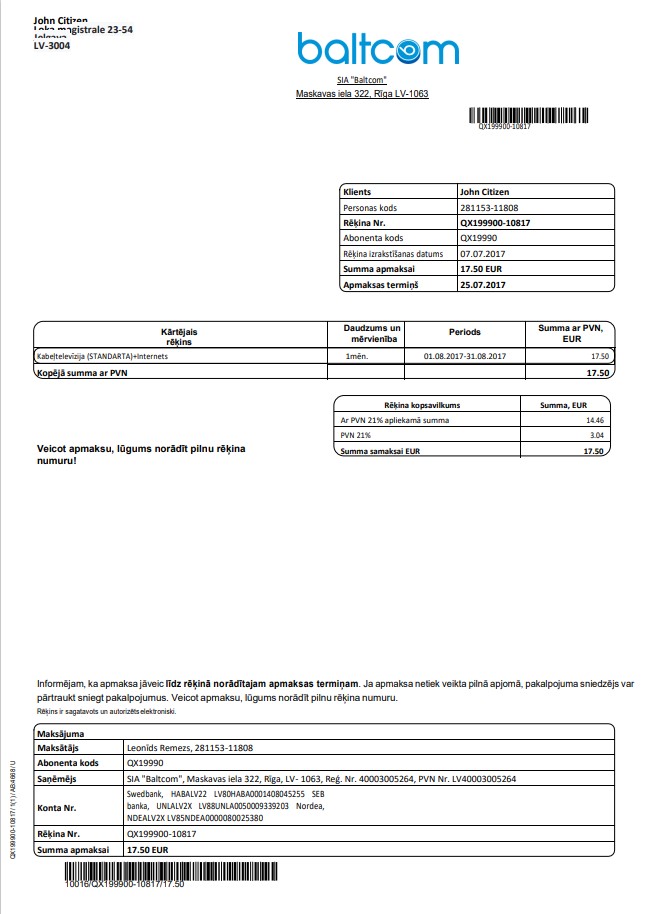 Latvia Baltcom telecommunications utility bill template in Word and PDF format (Latvian version)